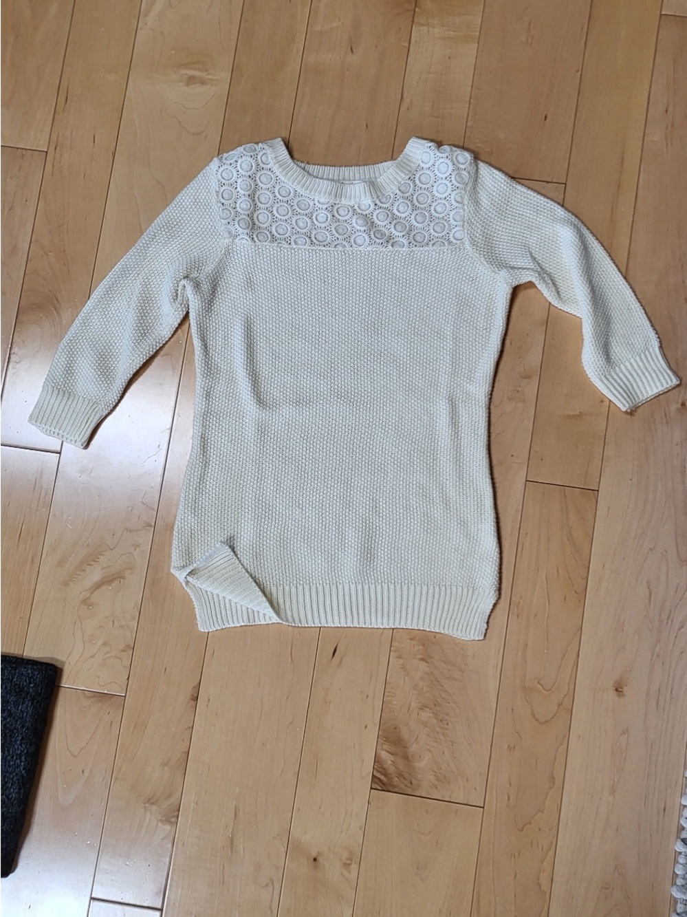 Pink Rose Cream Crochet Yoke Crewneck Sweater